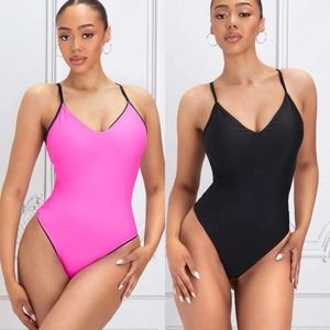 Neon pink black spaghetti strap wireless bra reversible one piece swimsuit Sz M